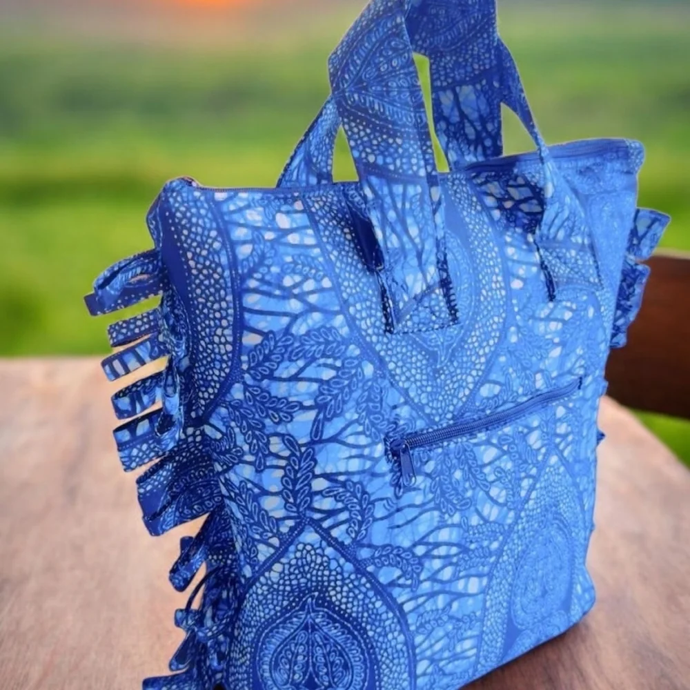 Luxurious Blue Ruffled Tote Bag